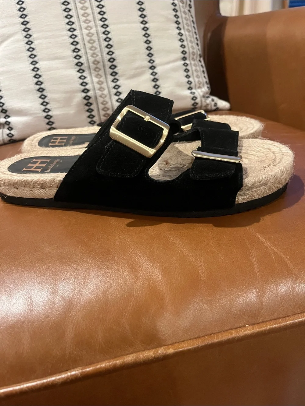 Haute Hippie Black Suede Double-Buckle Slide Sandals
